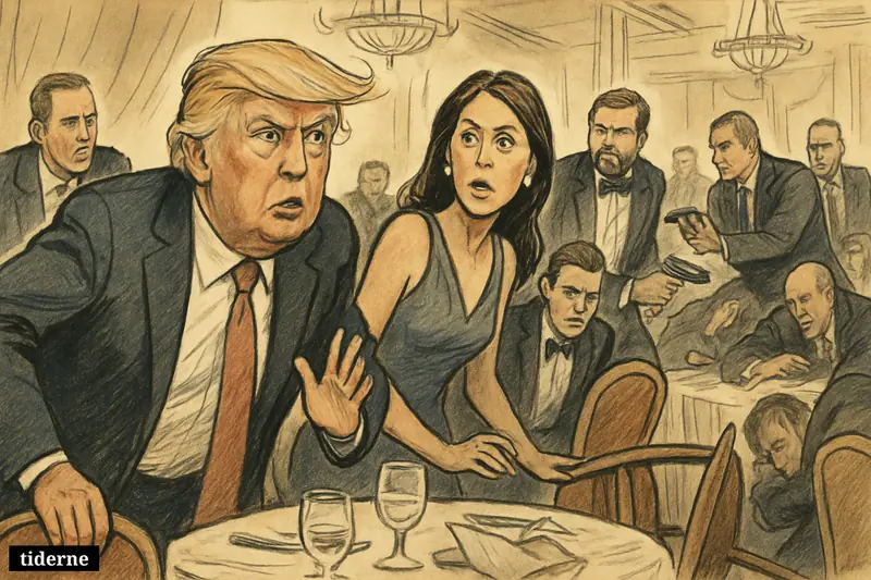 Caricature of Trump, Melania, and J.D. Vance reacting in panic as armed agents rush through a chaotic correspondents’ dinner ballroom.
