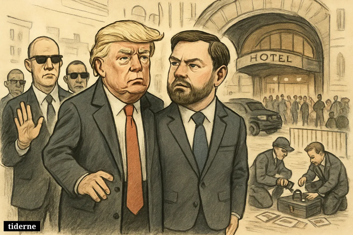 Caricatures of Donald Trump and J.D. Vance outside a Washington hotel, surrounded by Secret Service and investigators examining photo evidence.
