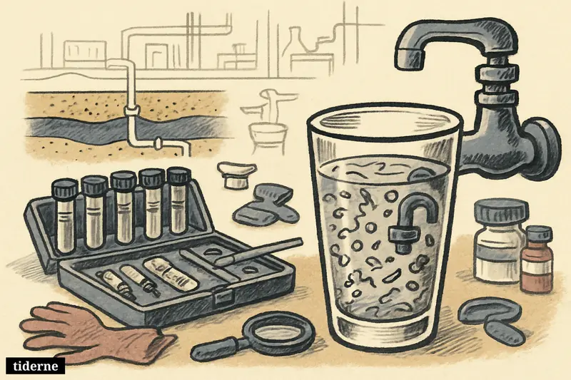 A caricature waterworks lab scene with a faucet, a glass full of suspicious particles, sample vials, testing tools, and a groundwater cutaway.