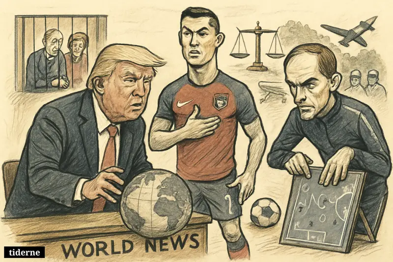 Trump, Ronaldo, and Tuchel dominate a world news desk while a jailed British couple, health crisis symbols, and crash references fill the background.