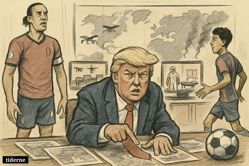 Trump at a war-room table with footballers Virgil van Dijk and Ismael Saibari, surrounded by drones, outbreak gear, waves, and conflict imagery.