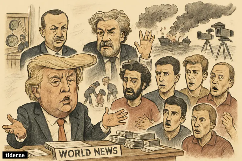 Caricature of Trump at a world-news desk, surrounded by Erdoğan, theater and football figures, with tankers, wildfire evacuees, and investigators behind them. (AI-genereret illustration)