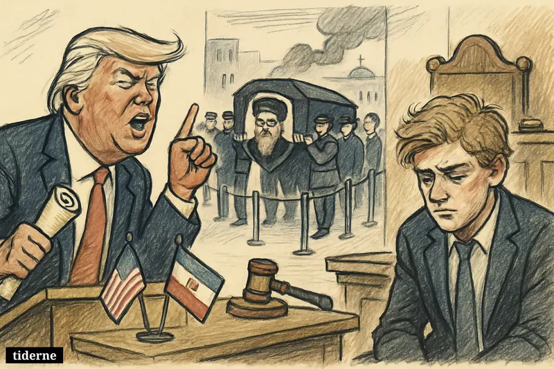 Trump announces an agreement as Marius Borg Høiby sits in court, with Khamenei’s funeral procession and security in the background.