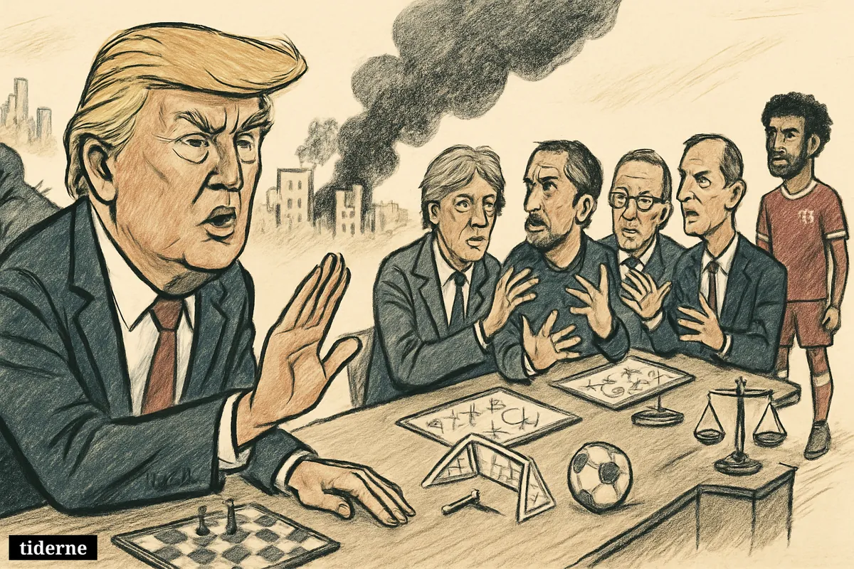 Trump urges calm at a crisis table, with Beirut destruction, a kidnapping scene, and European football coaches arguing nearby.