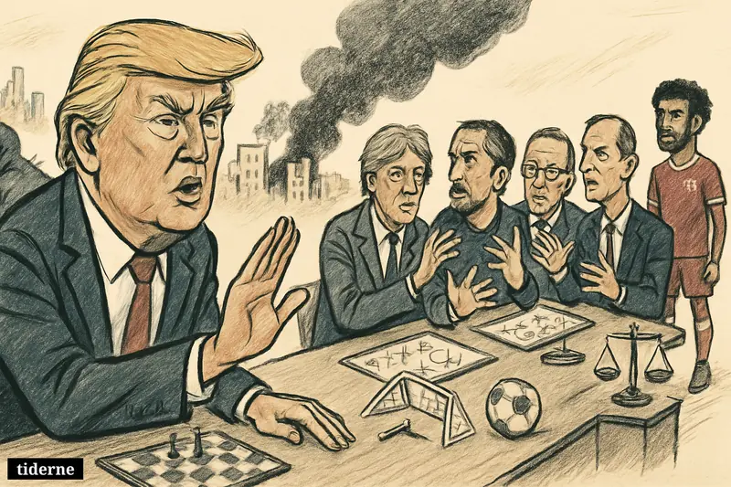 Trump urges calm at a crisis table, with Beirut destruction, a kidnapping scene, and European football coaches arguing nearby.