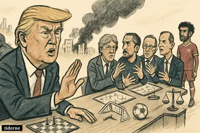 Trump urges calm at a crisis table, with Beirut destruction, a kidnapping scene, and European football coaches arguing nearby.