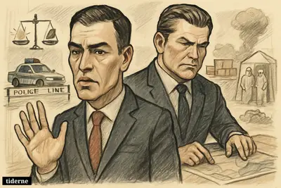 Pedro Sánchez and Pete Hegseth stand tensely over a news table surrounded by symbols of police, crash, Ukraine conflict, farm politics, and Ebola.