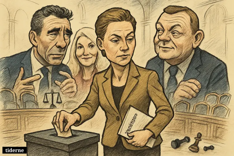 Four Danish political caricatures stand tensely in parliament as Mette Frederiksen hovers over a ballot box amid symbols of constitutional power.