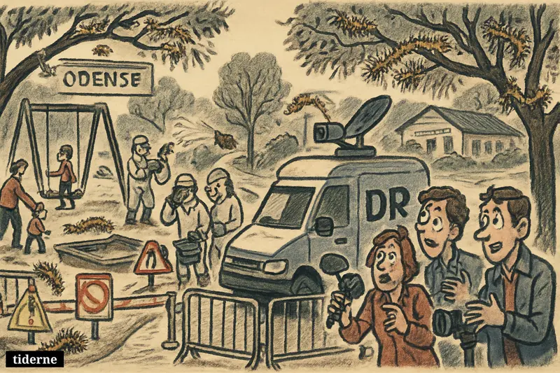 Municipal park and playground blocked off as workers battle hairy caterpillars while a broadcast van covers the public health scare.