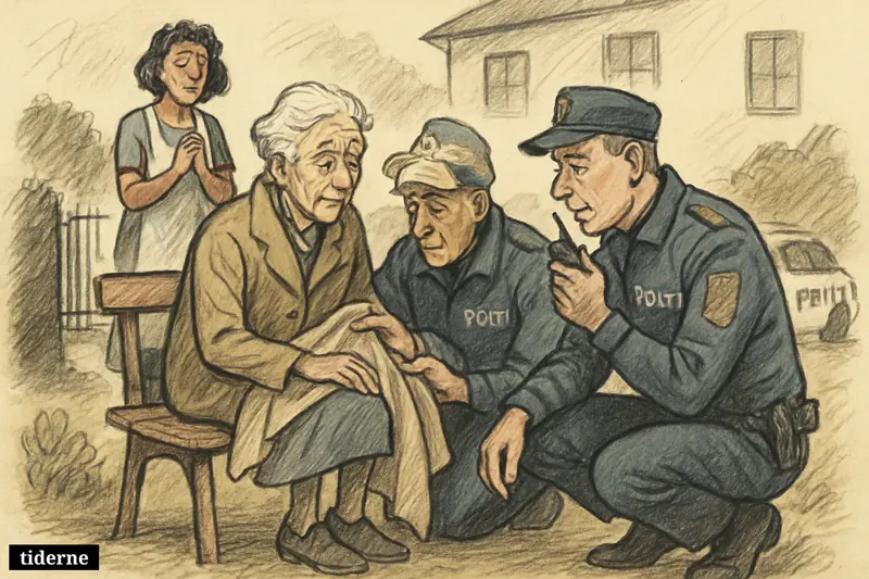Police officers and a caregiver find an elderly woman safe in a garden near a care home, ending a search with relief. (AI-genereret illustration)