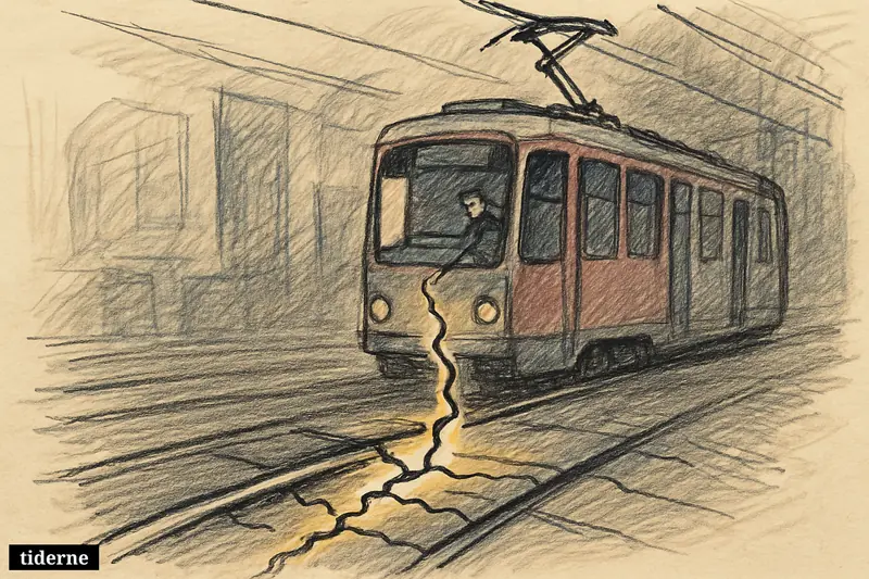 Dark tram rails cracked in several places while glowing metallic threads bind them together on a black background