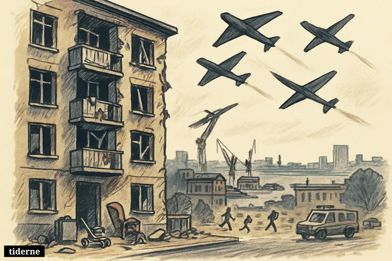 Damaged apartment buildings in Odesa as attack drones descend overhead, with civilians fleeing below and battered port structures behind.