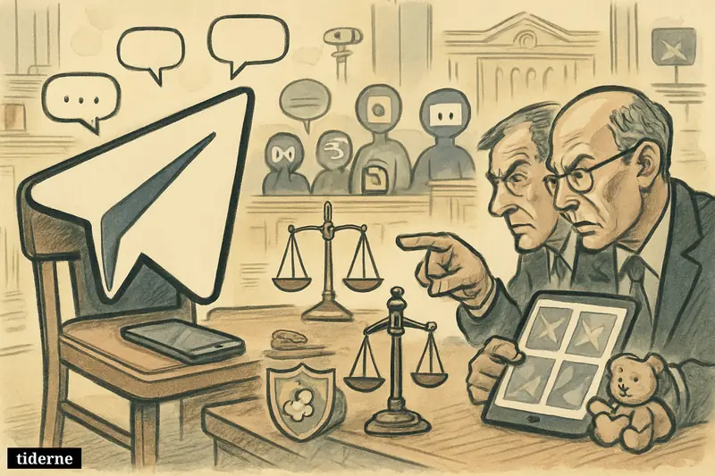 A courtroom-like regulator scene with Telegram centered as a defendant symbol, watched by officials and rival messaging platforms amid child-safety warnings.