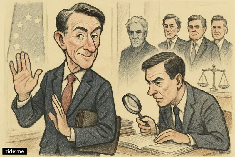 Peter Mandelson is scrutinized by an investigator in a Brussels office while Jeffrey Epstein’s shadow looms and Labour figures watch behind.