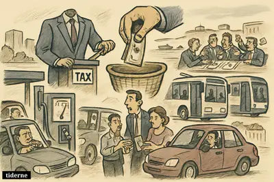 A satirical policy crossroads shows expensive fuel, anxious households, cash aid, tax cuts, and public transport near a troubled oil shipping strait.