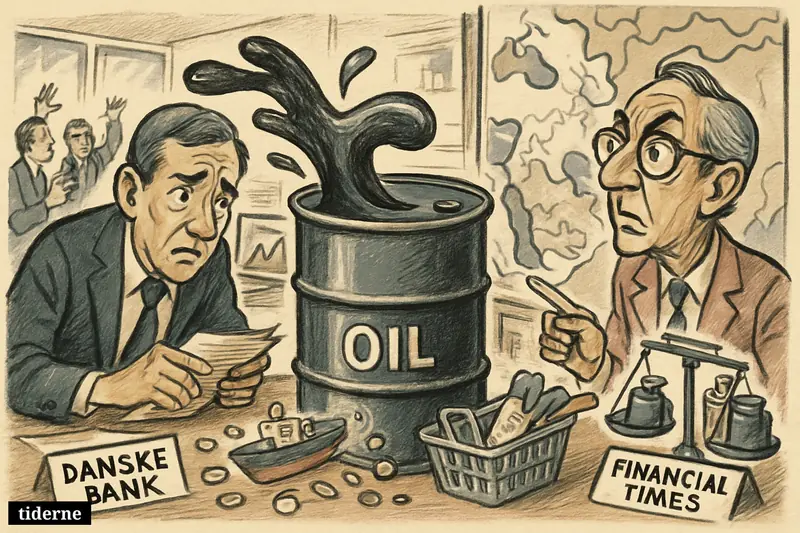 An oil barrel erupts in a tense newsroom as banker and editor figures react to rising prices, blocked tankers, and inflation symbols.