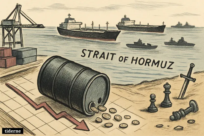 Oil tankers pass calmly through the Strait of Hormuz while a giant rolling oil barrel and falling market symbols suggest oil prices dropping.