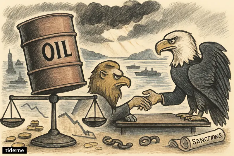An oil barrel drops on scales as USA and Iran symbols cautiously negotiate beside the Strait of Hormuz and tankers pass more freely.