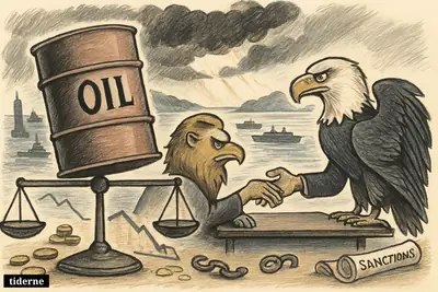 An oil barrel drops on scales as USA and Iran symbols cautiously negotiate beside the Strait of Hormuz and tankers pass more freely.