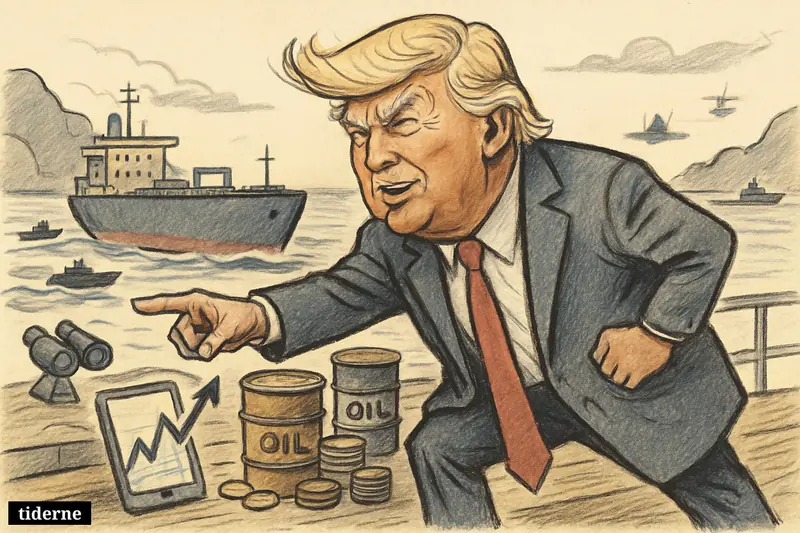 Caricature of Donald Trump on a warship pointing at an oil tanker in Hormuz as patrol boats close in and oil price symbols rise.