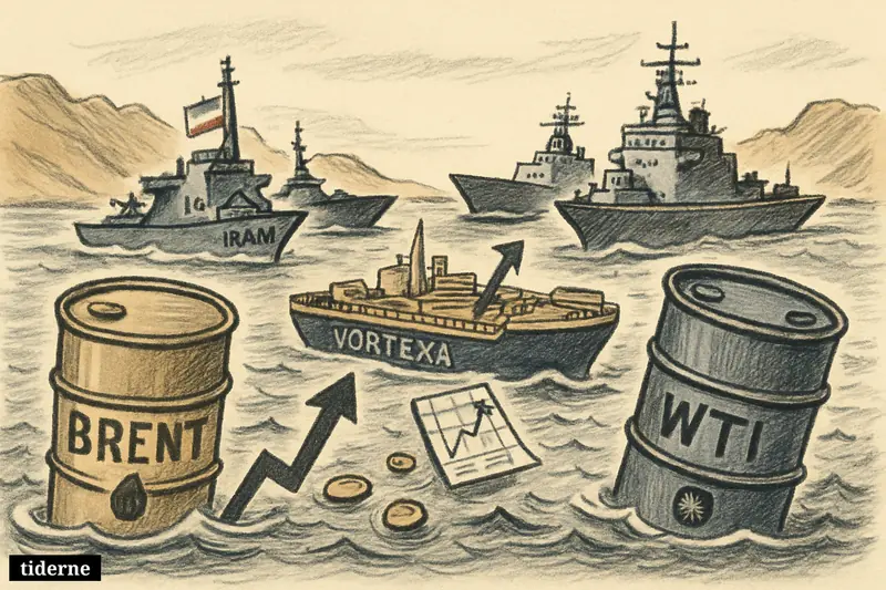 Blocked Strait of Hormuz with Iranian and American warships, stranded oil tanker, and rising oil barrels symbolizing a tense energy market shock.