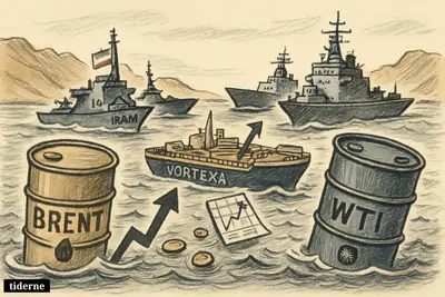 Blocked Strait of Hormuz with Iranian and American warships, stranded oil tanker, and rising oil barrels symbolizing a tense energy market shock.