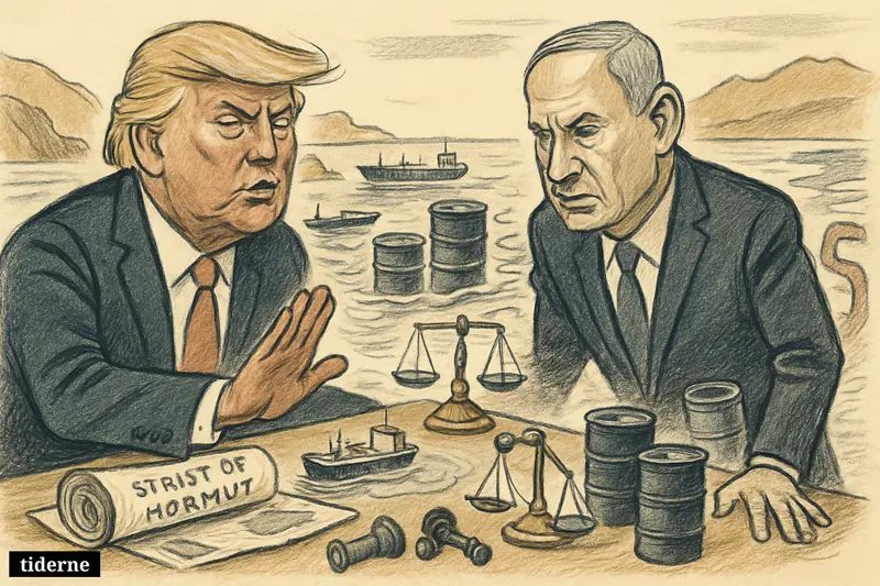Caricature of Donald Trump and Benjamin Netanyahu at a tense table with oil market props and tankers crowding the Strait of Hormuz.