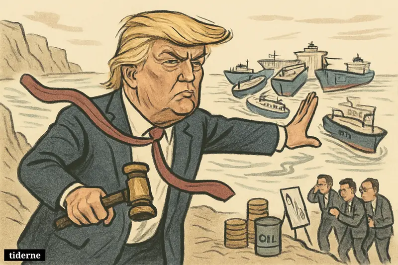 Donald Trump blocks oil tankers at the Hormuz Strait as barrels, coins, and worried traders signal a sudden oil price surge.