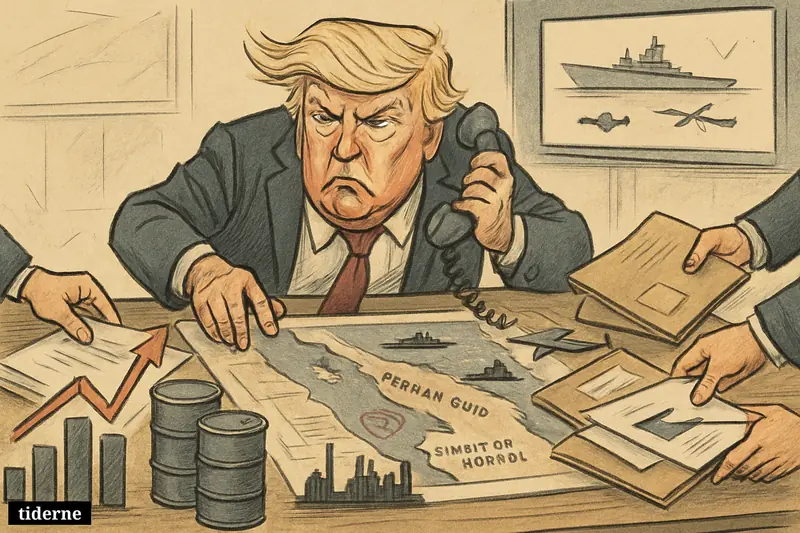 Caricature of Donald Trump in a war room over Gulf maps, with oil barrels, tanker ships, and rising market bars.