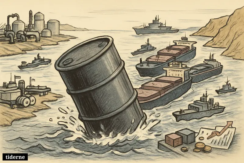 Caricature of a narrow Hormuz bottleneck with stranded oil tankers, a rising oil barrel, warships, and supply-crisis symbols.