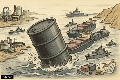Caricature of a narrow Hormuz bottleneck with stranded oil tankers, a rising oil barrel, warships, and supply-crisis symbols.