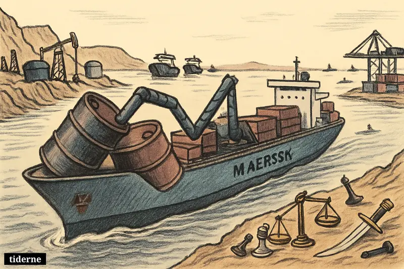 A Mærsk-like cargo ship sails through Hormuz as oil barrels and a falling chart slump downward, with tankers, cranes, and distant military presence.
