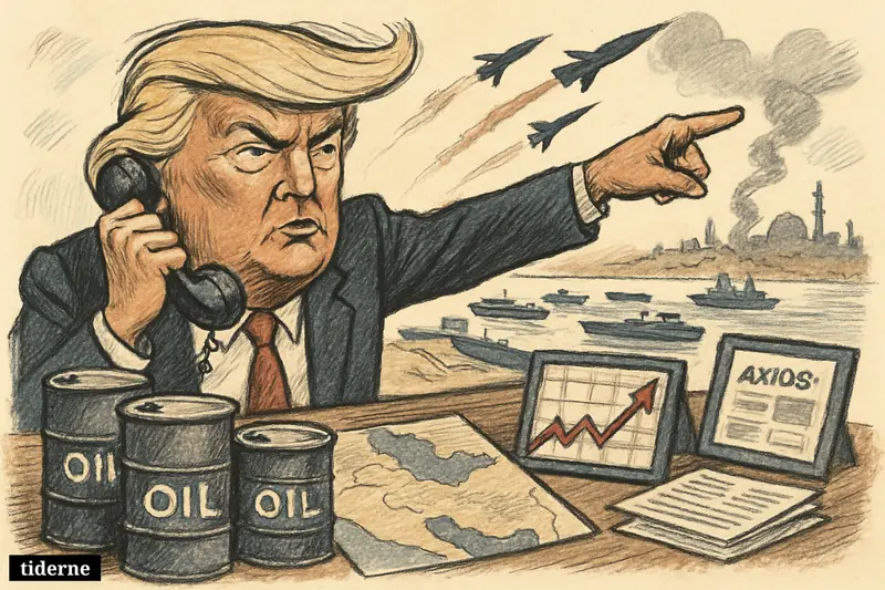 Donald Trump at a desk with oil barrels and market charts as missiles fly over tankers in a tense Middle East scene.