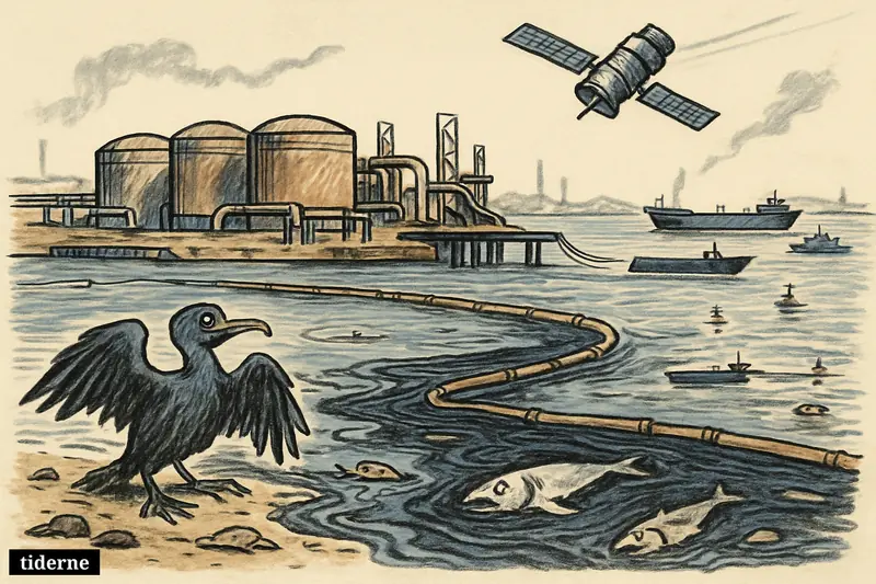 Kharg Island oil terminal beside a spreading offshore spill, damaged marine life, tankers, distant warships, and a satellite observing overhead.