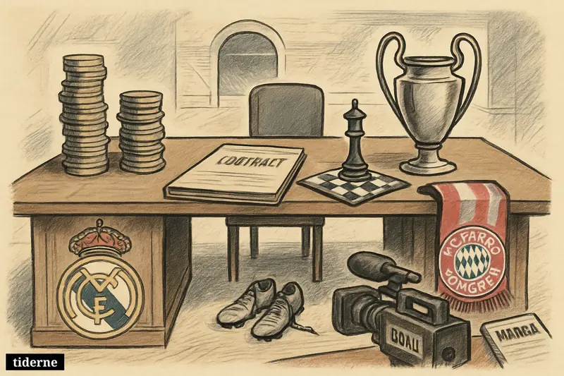 A football transfer negotiation room with Madrid and Bayern symbols, money stacks, contract papers, and an empty star player seat by the table. (AI-genereret illustration)