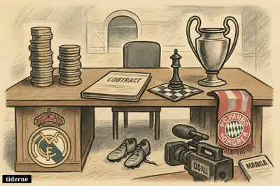 A football transfer negotiation room with Madrid and Bayern symbols, money stacks, contract papers, and an empty star player seat by the table. (AI-genereret illustration)