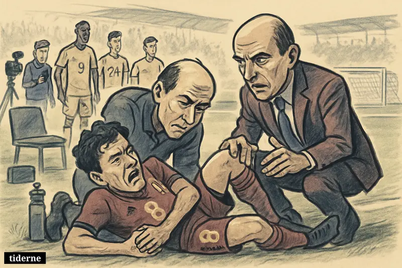 An injured Belgium midfielder grabs his right knee on the sideline as a coach and medic rush in before a tense match against Spain.