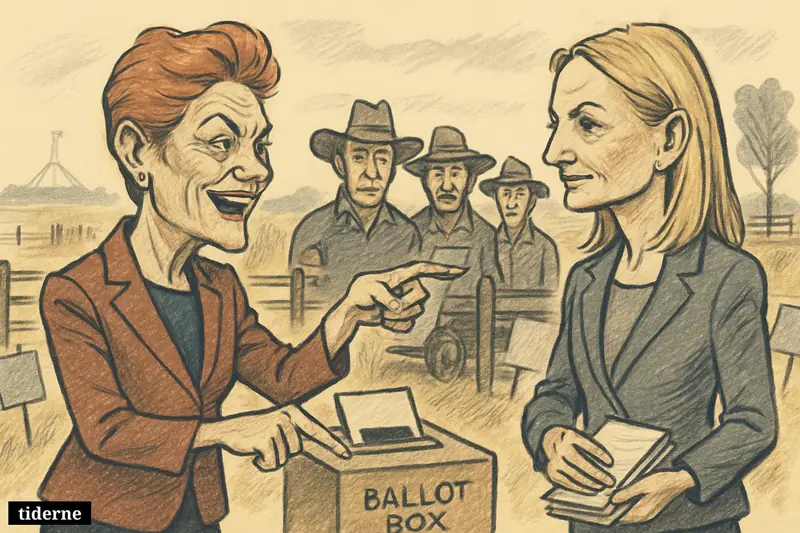 Pauline Hanson and Sussan Ley face off at a rural Australian polling station, surrounded by voters, farmland, cattle, and election imagery.