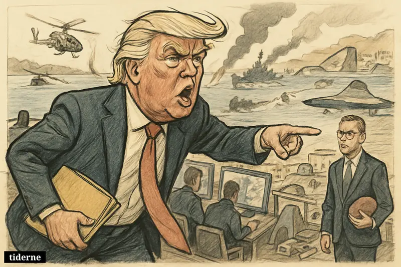 Trump dominates a warship scene as a falling Apache, distant fighting, John Textor, and grounded fighter jet mockups frame international conflict.