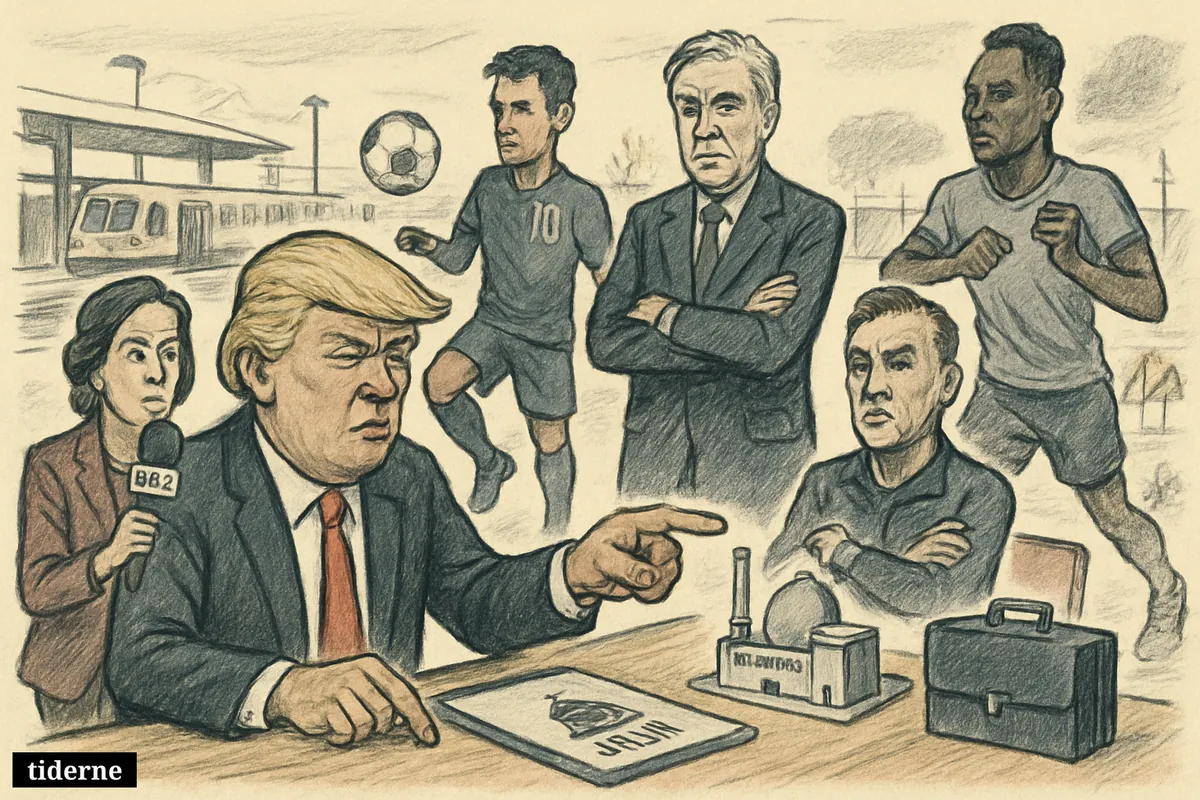Trump leads a tense news-day caricature scene as football figures, a train platform, heatwave response, and Middle East unrest unfold behind him.