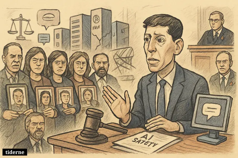 Sam Altman sits uneasily in court as grieving families confront him, with AI equipment and legal symbols surrounding the tense scene.