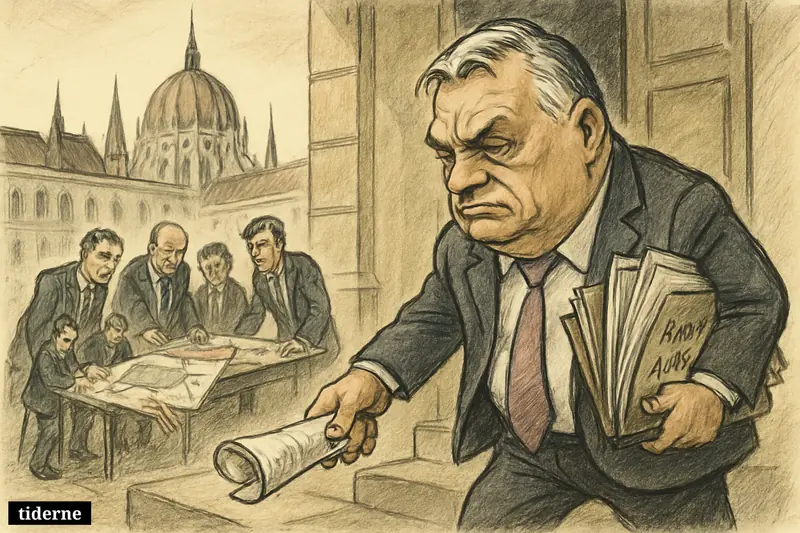 Viktor Orbán turns away from parliament, dropping his mandate while clutching party papers as aides prepare to rebuild after defeat.