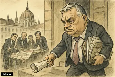 Viktor Orbán turns away from parliament, dropping his mandate while clutching party papers as aides prepare to rebuild after defeat.