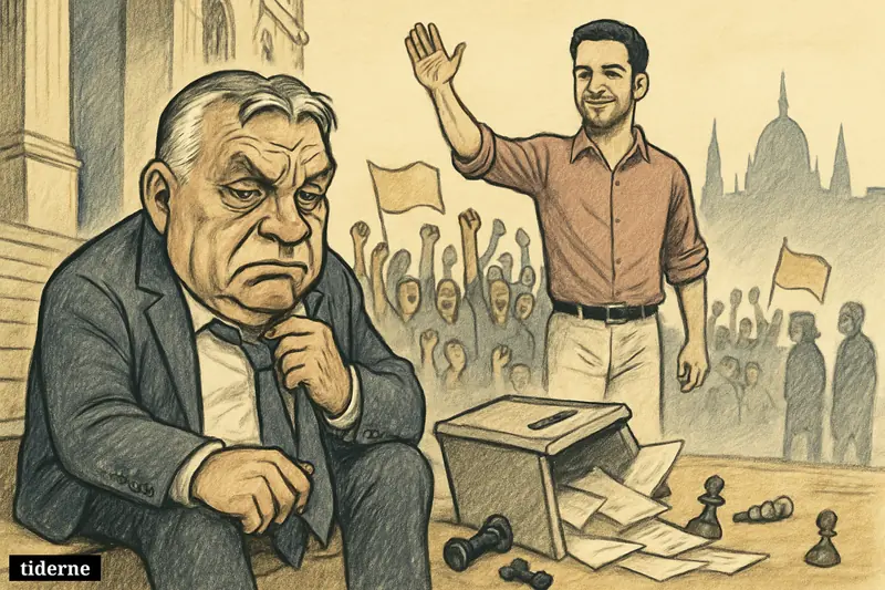Caricature of a defeated Viktor Orbán slumped by a toppled ballot box as Péter Magyar stands triumphant before cheering supporters in Budapest.