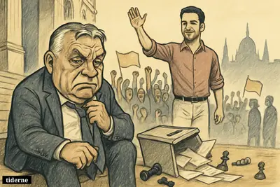 Caricature of a defeated Viktor Orbán slumped by a toppled ballot box as Péter Magyar stands triumphant before cheering supporters in Budapest.