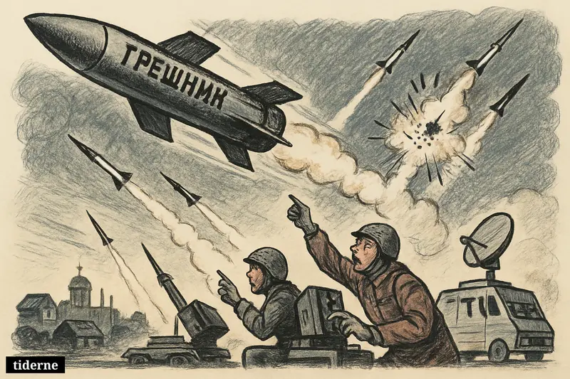 A caricature scene shows a hypersonic missile streaking over western Ukraine as air-defense crews fire interceptors near a town at night.
