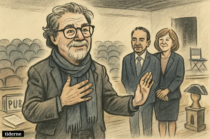 Caricature of Oskar Eustis on a theater stage, flanked by Luis A. Miranda Jr. and Pat Fili-Krushel, with farewell and leadership transition cues. (AI-genereret illustration)