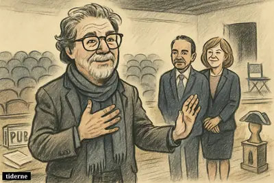 Caricature of Oskar Eustis on a theater stage, flanked by Luis A. Miranda Jr. and Pat Fili-Krushel, with farewell and leadership transition cues. (AI-genereret illustration)