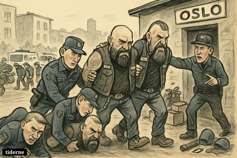 Police raid a biker clubhouse in Oslo, arresting multiple leather-clad suspects beside motorcycles and police vans on a city street.