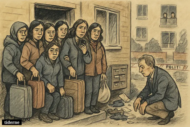Eight weary women crowd the entrance of a cramped apartment block while an inspector examines signs of poor living conditions outside.